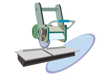 Soyut bir vektör illüstrasyonunda, marangozluk için çizgi film tarzında bir Radial Arm Testere gösterilir
