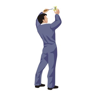 Soyut bir vektör çizimi, çizgi film tarzında elektrik düğmesini tamir eden bir işçiyi gösteriyor