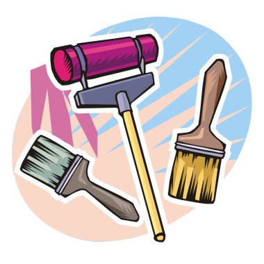 Boya rulosu, deniz mavisi boya fırçası ve boya fırçası da dahil olmak üzere bir takım boya aletlerinin yer aldığı renkli bir çizim.