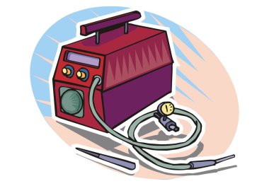 Yeşil kablolar, basınç göstergesi ve kaynak çubukları olan kırmızı ve mor kaynak makinesinin renkli bir çizimi