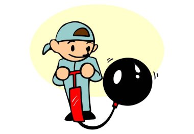 Soyut bir vektör illüstrasyonu, çizgi film tarzında hava pompasıyla balon şişiren bir çocuğu gösteriyor.