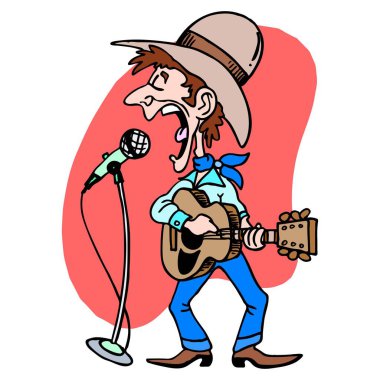 Soyut bir vektör çizimi, elinde çizgi film tarzında gitar tutan bir kovboy şarkıcısını gösteriyor. 
