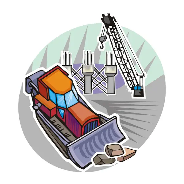 Mavi taksisi olan renkli bir buldozer, inşaat sahasında sütunları, demiri ve siyah bir vinci olan kayaları hareket ettiren bir buldozer.