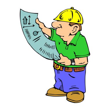 Soyut bir vektör illüstrasyonu, elinde çizimleri çizgi film tarzında inceleyen bir adam mühendisi gösteriyor.