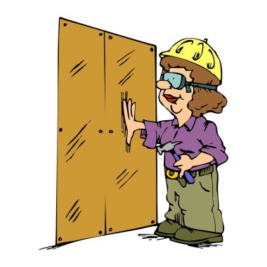 Soyut bir vektör illüstrasyonunda bir kadın duvar tahtası kuruyor ve karikatür tarzında çekiç tutuyor.
