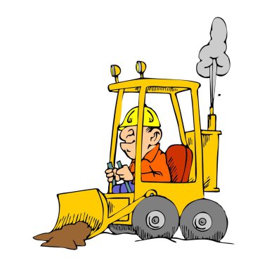 Soyut bir vektör çizimi, çizgi film tarzında buldozer kullanan bir işçiyi gösteriyor.