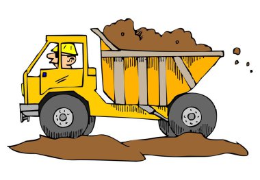 Soyut bir vektör illüstrasyonuna göre, işçi bir adam çizgi film tarzında inşaat kamyonu kullanıyor.