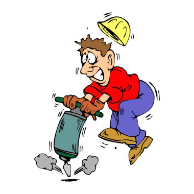 Soyut bir vektör çizimi, çizgi film tarzında matkap kullanan bir inşaat işçisini gösteriyor.