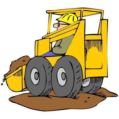 Soyut bir vektör çizimi, çizgi film tarzında buldozer kullanan bir işçiyi gösteriyor.