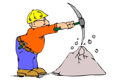 Soyut bir vektör çizimi, bir inşaat işçisinin elinde baltayla bir beton bloğu karikatür tarzında kırdığını gösteriyor.