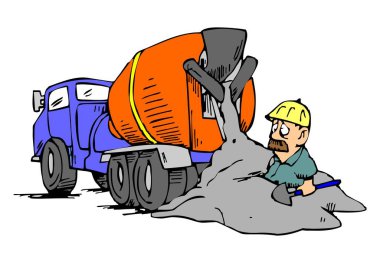 Soyut bir vektör illüstrasyonunda bir araba çimento karıştırıcısı ve karikatür tarzı kürek tutan bir inşaat işçisi görülüyor.
