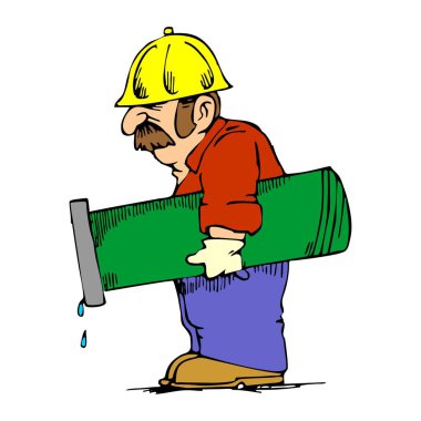Soyut bir vektör çizimi, karikatür tarzı boru tesisatı taşıyan bir inşaat işçisini gösteriyor.