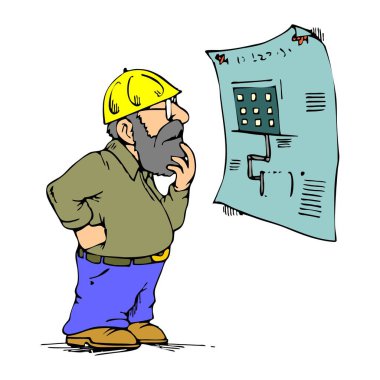 Soyut bir vektör çizimi, bir insan mühendisinin çizimleri karikatür tarzında incelediğini gösteriyor.