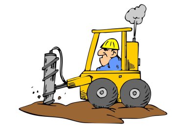 Soyut bir vektör çizimi, çizgi film tarzında buldozer kullanan bir işçiyi gösteriyor.