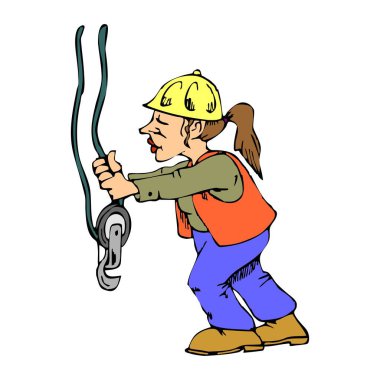 Soyut bir vektör çizimi, işçi bir kadının karikatür tarzında vinç kancası çektiğini gösteriyor.