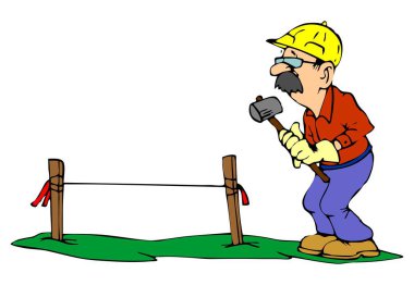 Çizgi film müteahhidi, çit direklerini yere saplamak için direği sallıyor.