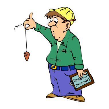 Soyut bir vektör illüstrasyonu, karikatür tarzında bir mühendisin bob bob tuttuğunu gösteriyor