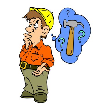 Soyut bir vektör çizimi, bir inşaat işçisinin çizgi film tarzında çekiç kaybettiğini gösteriyor.