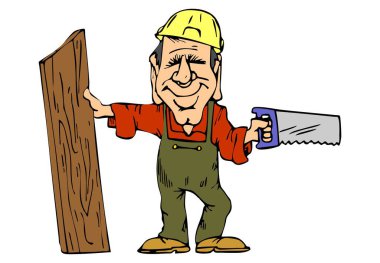 Soyut bir vektör çizimi, bir marangozun elinde bir testere ve ahşap tahta tuttuğunu gösteriyor.