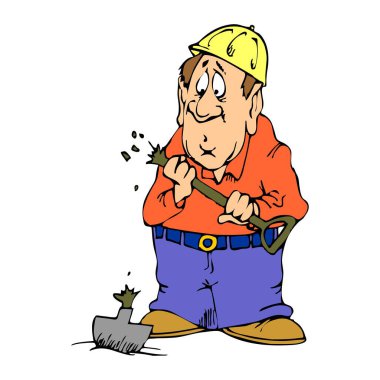 Soyut bir vektör çizimi, elinde kürek tutan bir inşaat işçisinin çizgi film tarzında kırıldığını gösteriyor.