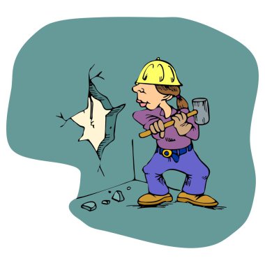 Soyut bir vektör çizimi, bir kadın işçinin karikatür tarzında bir duvarı balyozla yıktığını gösteriyor.