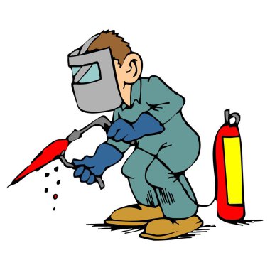 Soyut bir vektör illüstrasyonu, işçi kaynakçıyı çizgi film tarzında kaynak yaparken gösteriyor