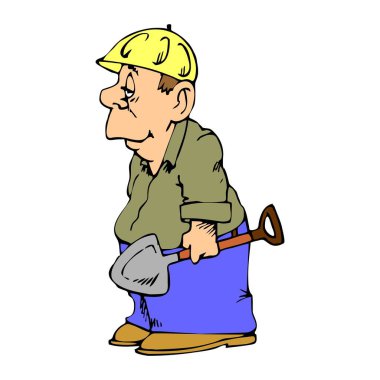 Soyut bir vektör illüstrasyonunda, elinde kürek tutan bir işçi görülüyor.