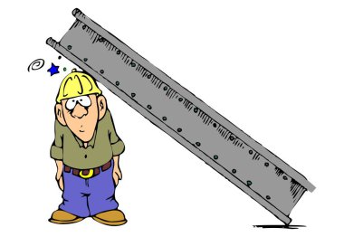 Soyut bir vektör çizimi, çizgi film tarzında demir kirişten korumak için sert şapka takan bir işçiyi gösteriyor.