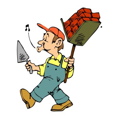 Soyut bir vektör illüstrasyonu çizgi film tarzında el penisi ve tuğla tutan bir inşaat işçisini gösteriyor