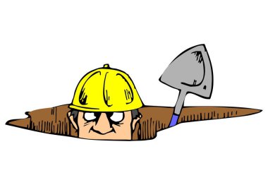 Soyut bir vektör çizimi, çizgi film tarzında bir kürekle çukur kazan bir işçiyi gösteriyor.