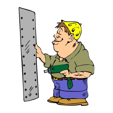 Soyut bir vektör illüstrasyonunda, metal desen kağıdı ve perçin tabancasını çizgi film tarzında tutan bir perçin gösterilir.