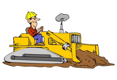 Soyut bir vektör çizimi, çizgi film tarzında buldozer kullanan bir işçiyi gösteriyor.