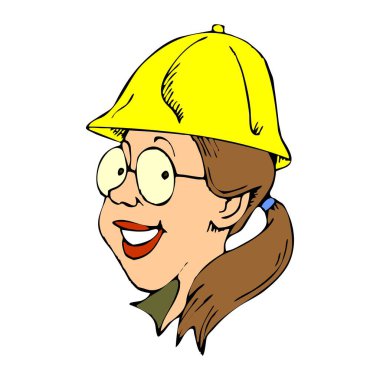 Soyut bir vektör çizimi, kadın mühendisin karikatür tarzında kasket taktığını gösteriyor.