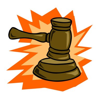 Soyut bir vektör illüstrasyonunda tahtadan bir yargıç tokmağı görülüyor. Karikatür tarzında mahkeme kararı için parlak bir çekiç.