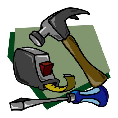 Soyut bir vektör illüstrasyonunda bir çekiç, tornavida ve mezura çizimi çizgi film tarzında gösterilir