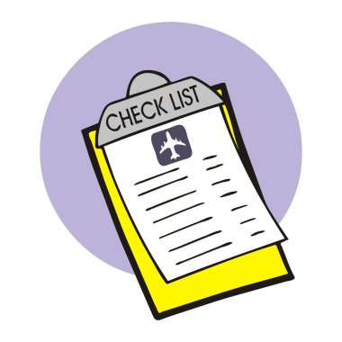 Soyut bir vektör illüstrasyonu, çizgi film tarzında bir havalimanı kontrol listesi gösterir