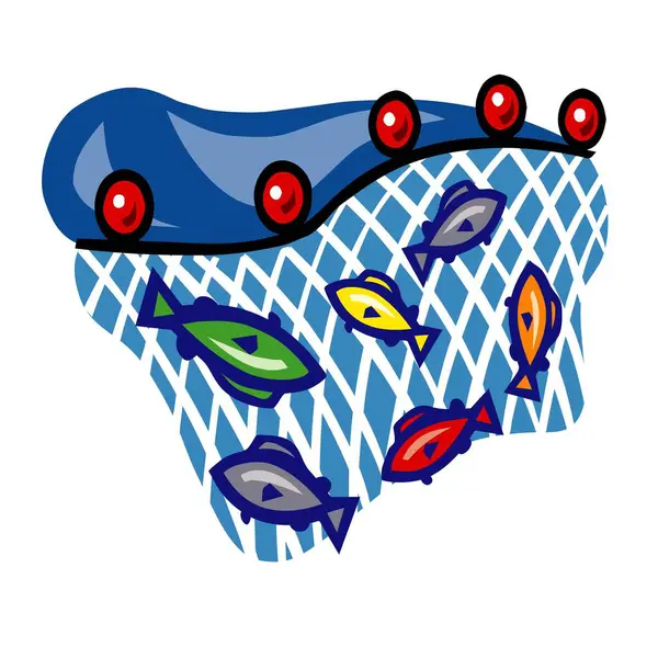 Balık dolu ticari balıkçı gemisi. Çizgi film tarzında büyük bir ağ.