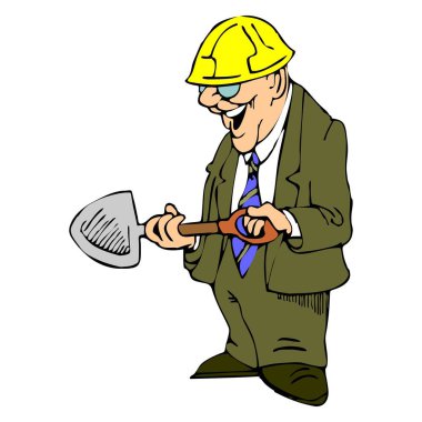 Soyut bir vektör illüstrasyonunda kürek tutan bir ustabaşı çizgi film tarzında görülüyor.