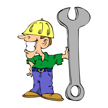 Soyut bir vektör çizimi, çizgi film tarzında ingiliz anahtarı tutan bir inşaat işçisini gösteriyor.
