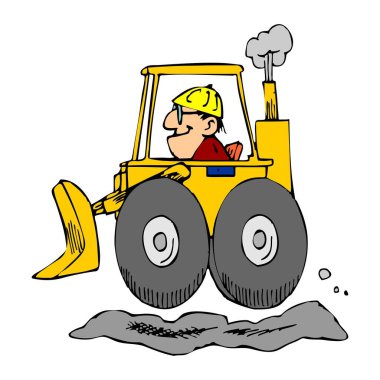 Soyut bir vektör çizimi, çizgi film tarzında buldozer kullanan bir işçiyi gösteriyor.