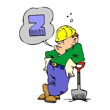 Soyut bir vektör çizimi, çizgi film tarzında uyuyan ve küreğe yaslanan bir adamı gösteriyor.