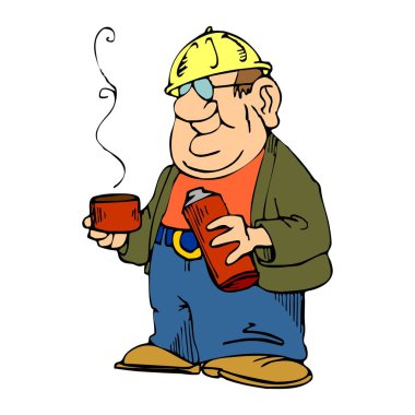 Soyut bir vektör çizimi, çizgi film tarzında kahve içen bir inşaat işçisini gösteriyor.