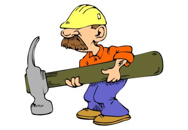 Soyut bir vektör çizimi, karikatür tarzında büyük el çekici taşıyan bir inşaat işçisini gösteriyor.