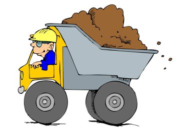 Soyut bir vektör illüstrasyonuna göre, işçi bir adam çizgi film tarzında inşaat kamyonu kullanıyor.