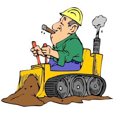Soyut bir vektör çizimi, çizgi film tarzında buldozer kullanan bir işçiyi gösteriyor.