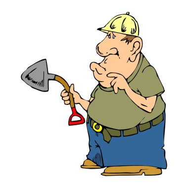 Soyut bir vektör çizimi, elinde kürek tutan bir işçiyi çizgi film tarzında gösteriyor.