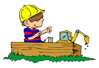 Soyut bir vektör çizimi, komik bir çocuğun çizgi film tarzında Kazıyıcı Makinesi kullandığını gösterir.