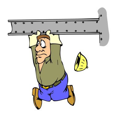 Soyut bir vektör illüstrasyonu, çizgi film tarzında çelik kiriş kaldıran bir işçiyi gösteriyor