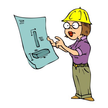 Soyut bir vektör çizimi, bir inşaat ustabaşının karikatür tarzında bir mimari çizime baktığını gösteriyor.