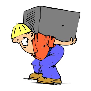 Soyut bir vektör çizimi, çizgi film tarzında ağır beton bloklar taşıyan bir işçiyi gösteriyor.